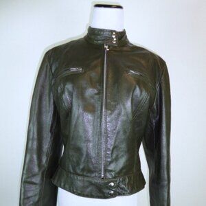 LIST Italy OLIVE GREEN LEATHER ZIP Motorcycle BomberJacket XS